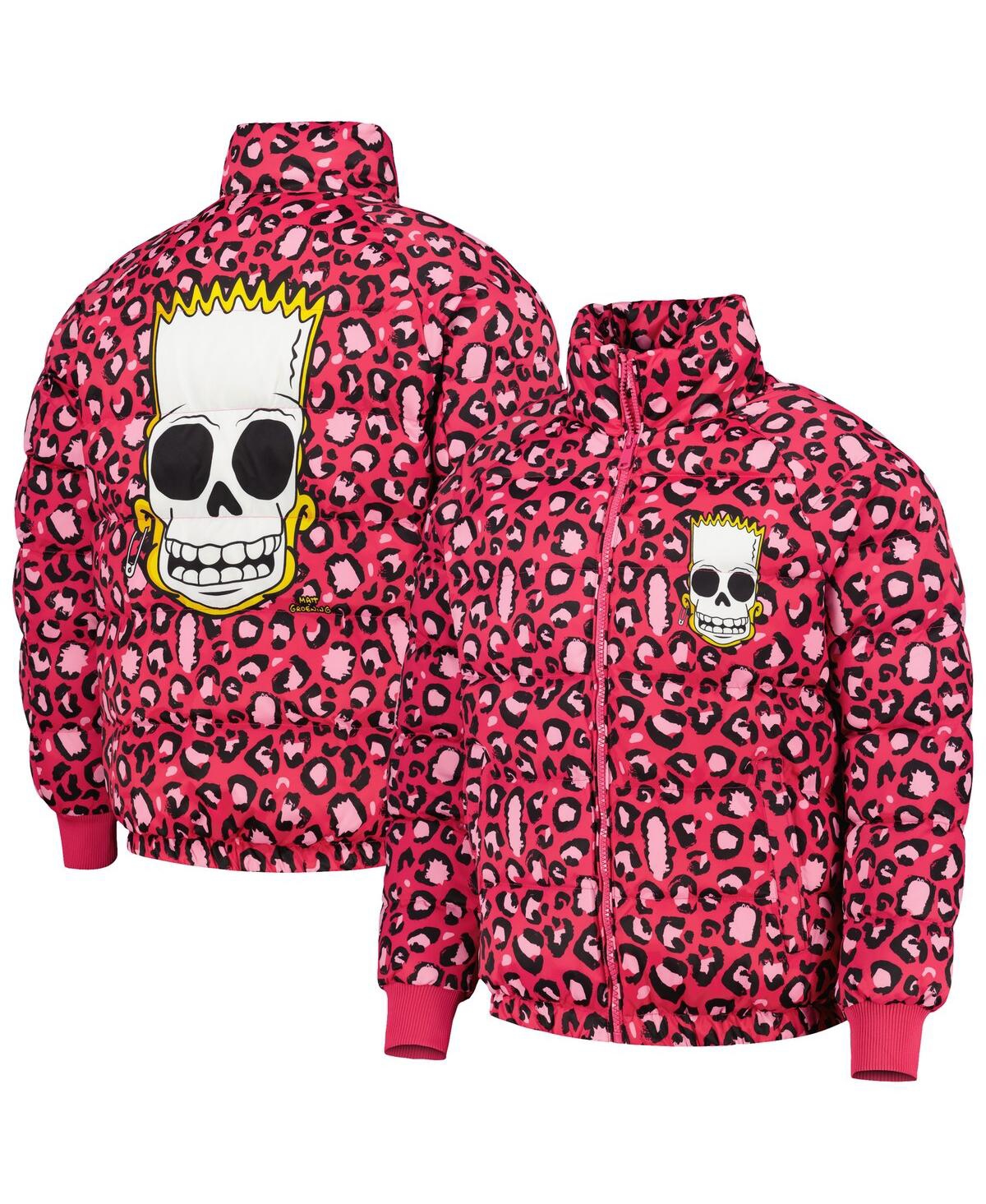 Freeze Max Men's  Pink The Simpsons Bart Leopard Print Raglan Full-zip Puffer Jacket