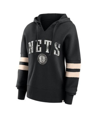 Women's Black Distressed Brooklyn Nets Bold Move Dolman V-Neck Pullover Hoodie