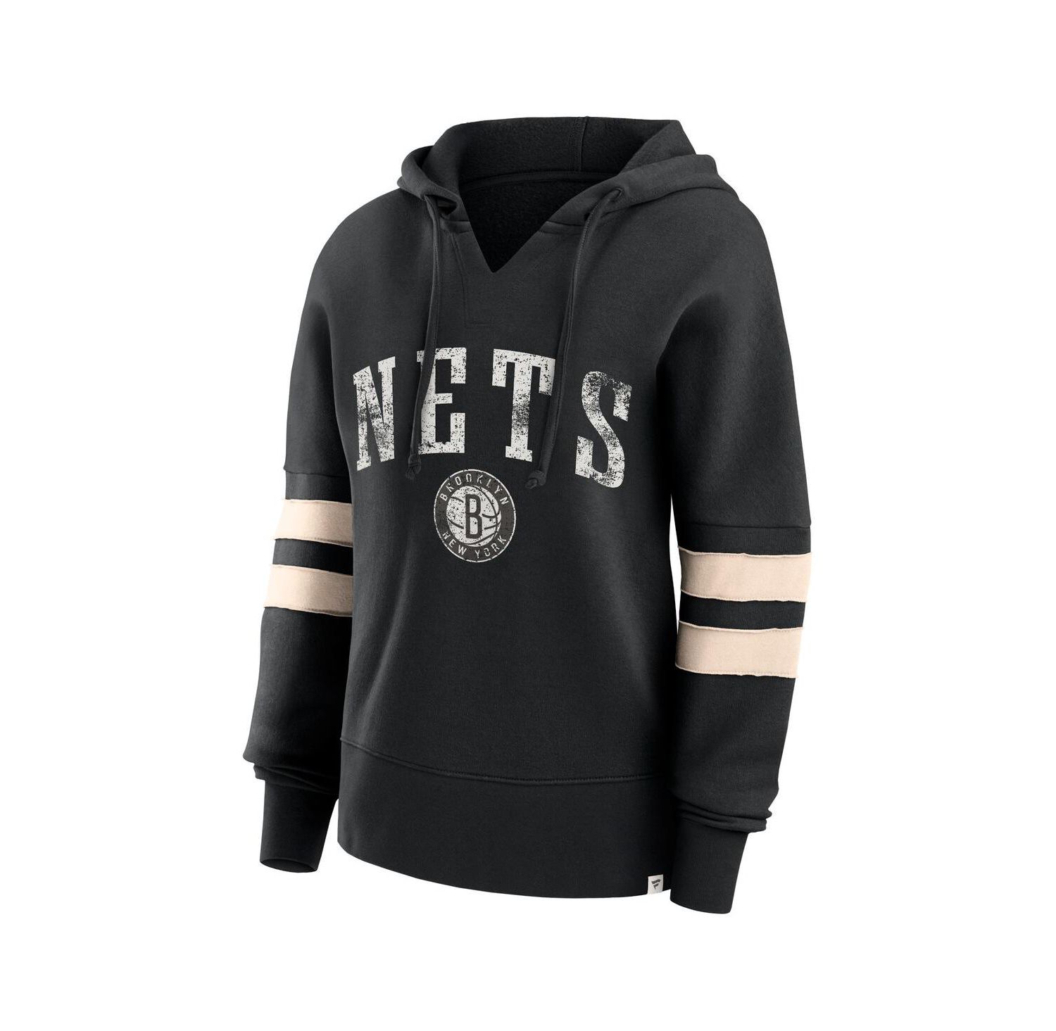 Women's Black Distressed Brooklyn Nets Bold Move Dolman V-Neck Pullover Hoodie