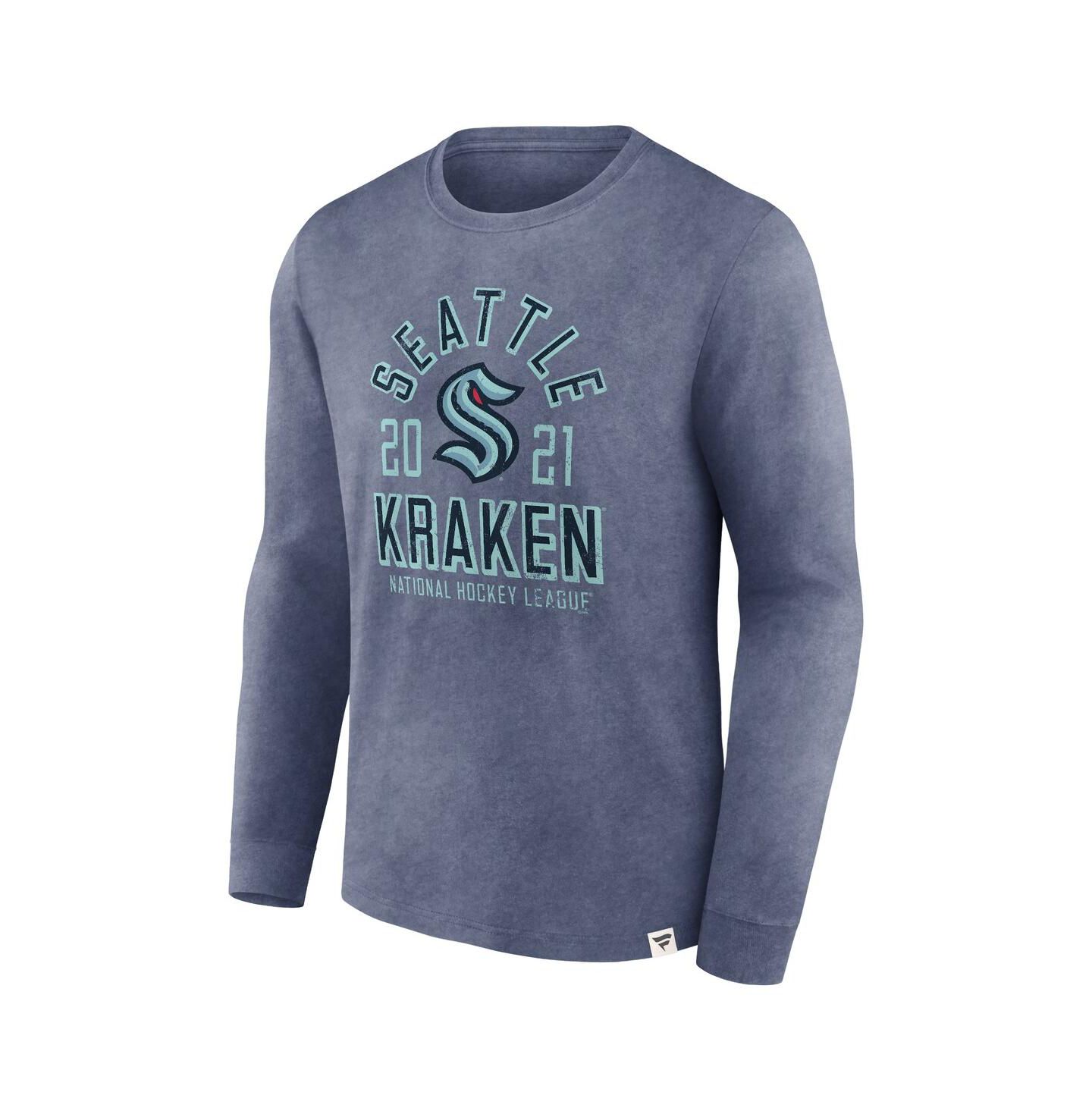 Мужская футболка Fanatics Heather Deep Sea Blue Distressed Seattle Kraken Keep The Zone Long Sleeve — фото 2