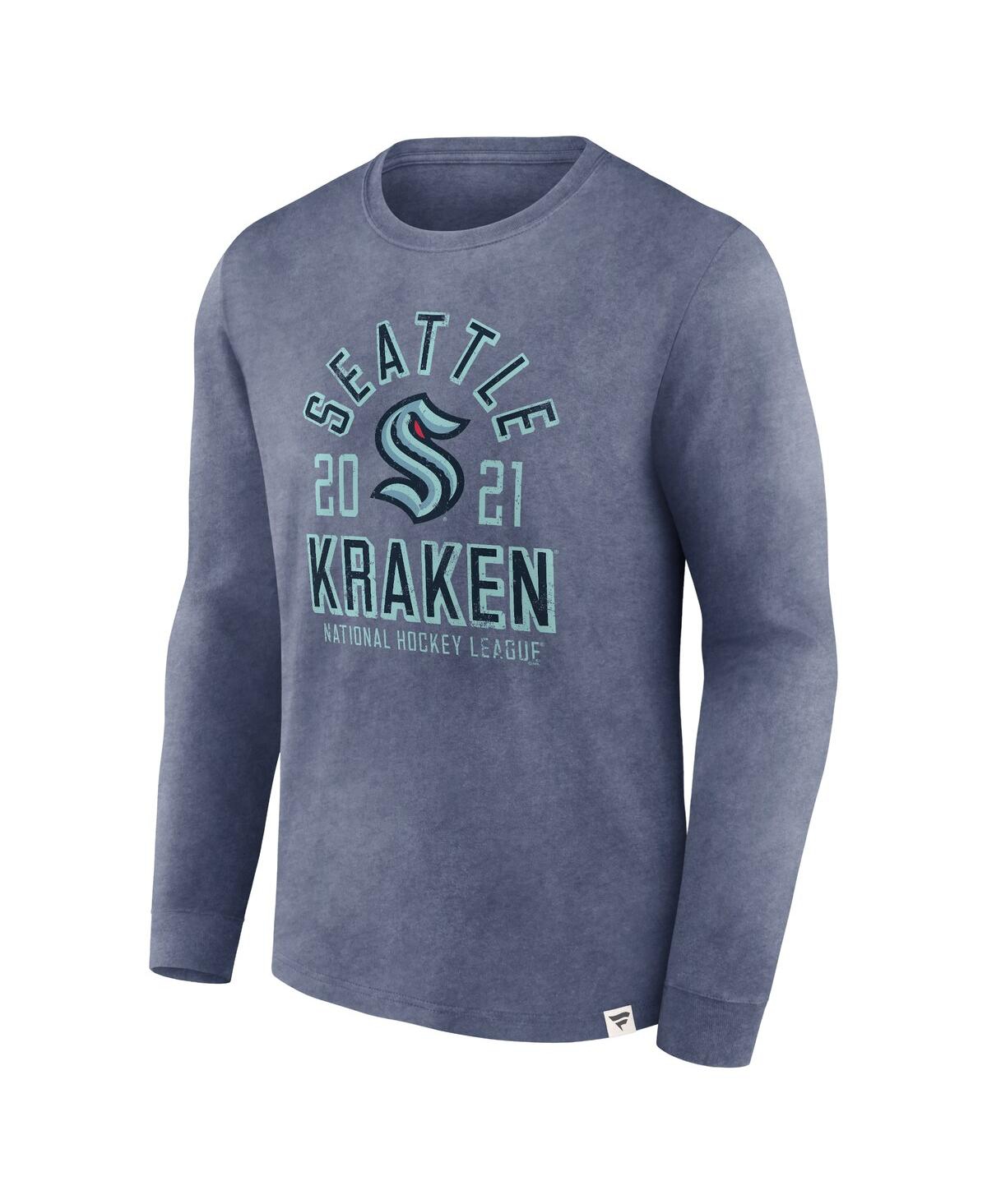 Men's FanaticsDistressed Seattle Kraken Keep The Zone Long Sleeve T-shirt - Heather Deep Sea Blue