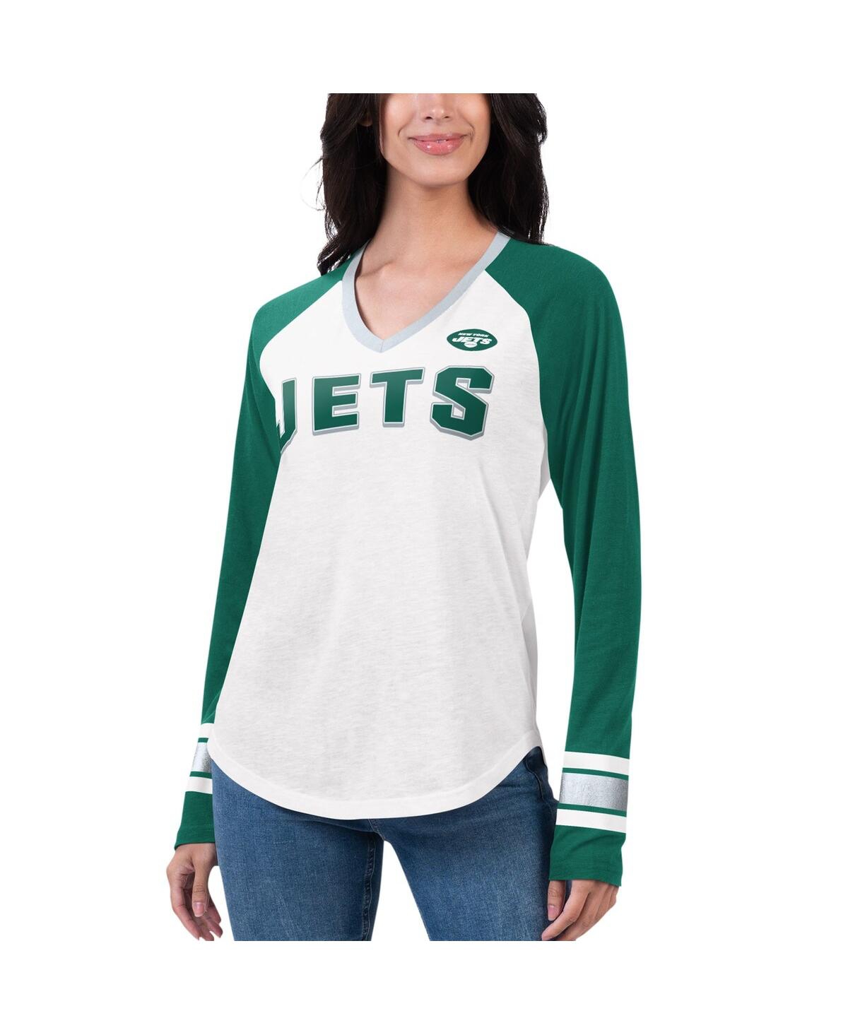 Shop G-iii 4her By Carl Banks Women's  White, Green New York Jets Top Team Raglan V-neck Long Sleeve T-shi In White,green