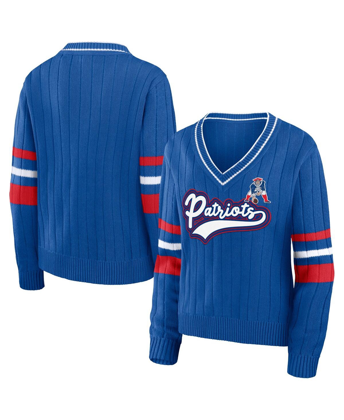 Women's Wear by Erin Andrews Royal Distressed New England Patriots Throwback V-Neck Sweater - Royal
