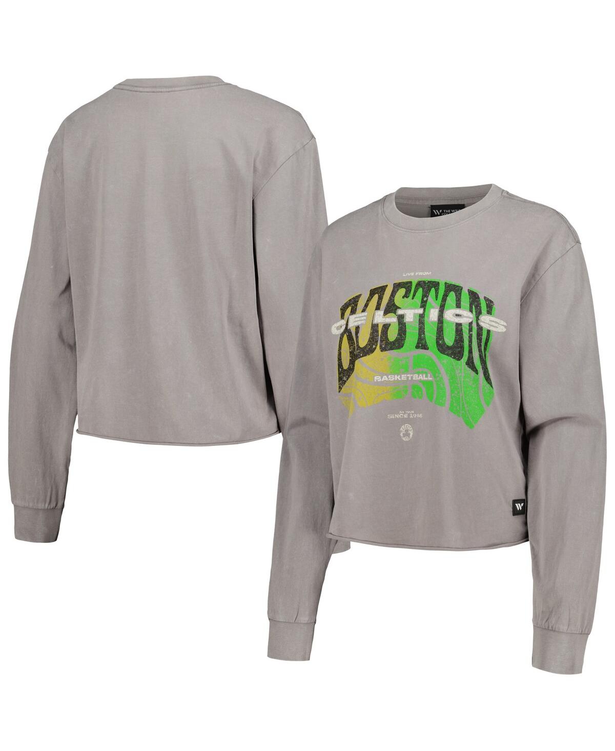 The Wild Collective Women's  Gray Distressed Boston Celtics Band Cropped Long Sleeve T-shirt