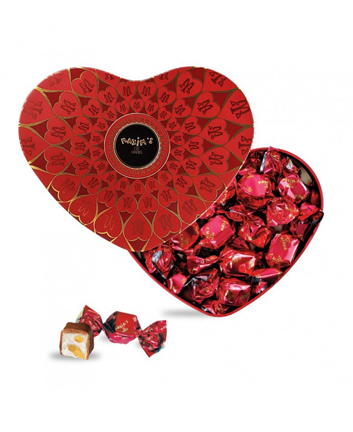 Maxim's De Paris Heart Shaped Tin Box Filled With Chocolate Covered Nougats In No Color
