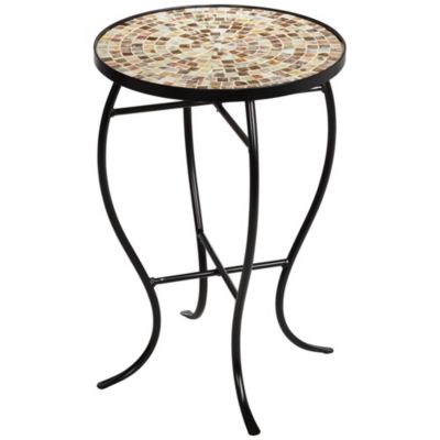 Modern Black Round Outdoor Accent Side Table 14" Wide Natural Mosaic Tabletop for Front Porch Patio Home House