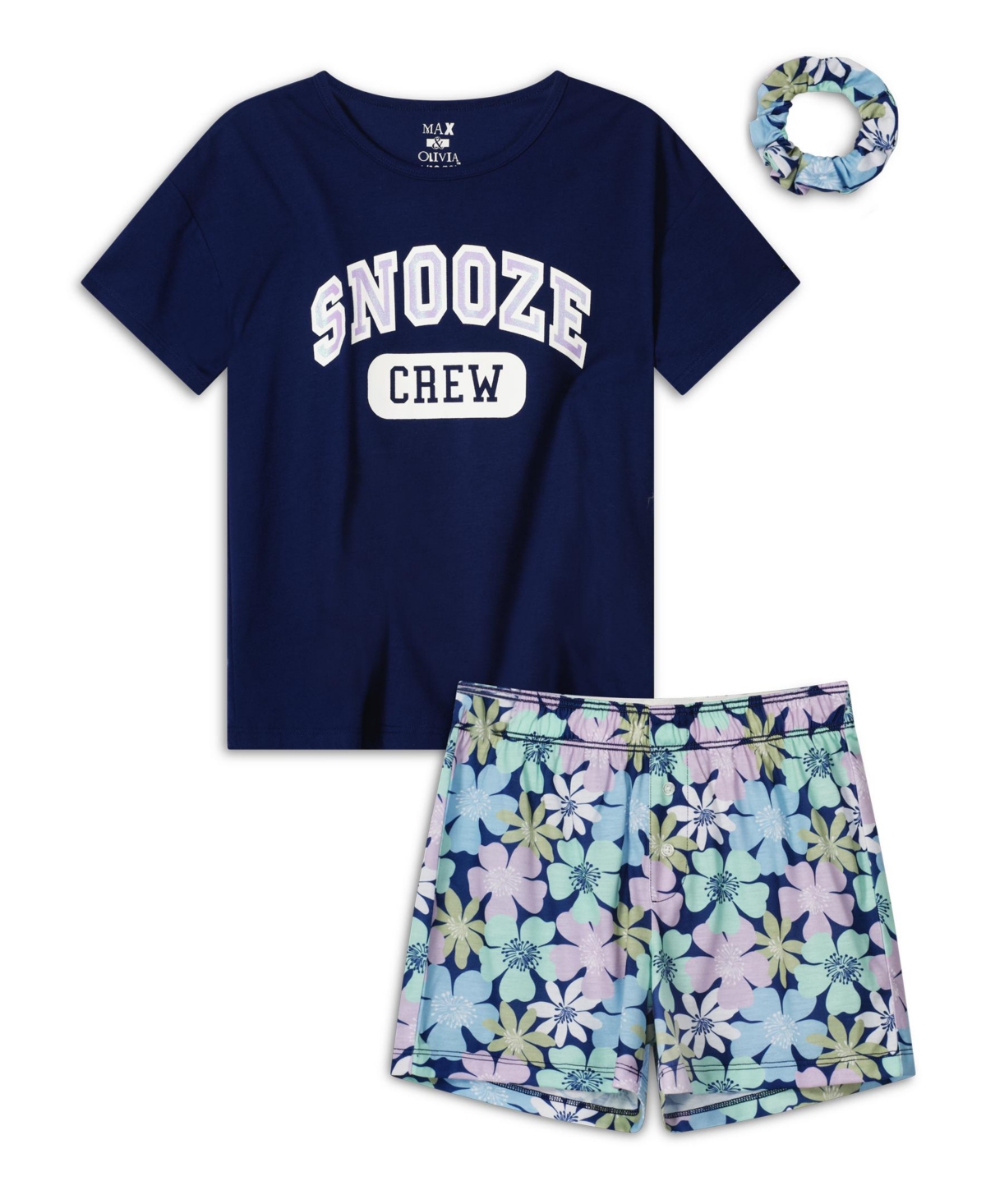 Shop Max & Olivia Girls Soft Jersey Fabric Shorts Pajama Set With Scrunchie, 3 Piece In Navy