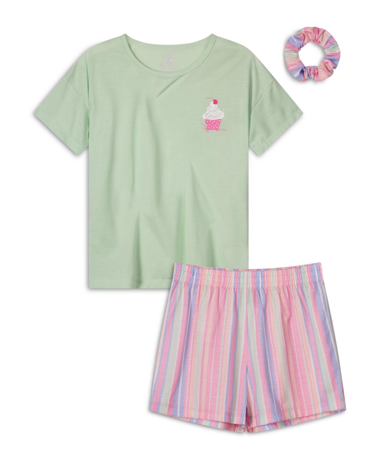 Shop Max & Olivia Girls Soft Jersey Fabric Shorts Pajama Set With Scrunchie, 3 Piece In Green