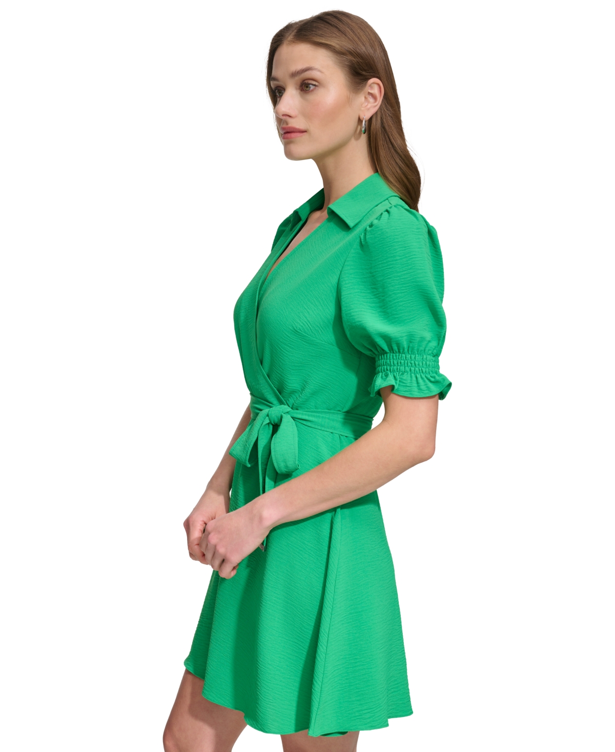 Shop Dkny Women's Collared Tie-waist Puff-sleeve Dress In Apple Green