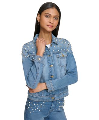 KARL LAGERFELD PARIS - Women's Imitation Pearl Denim Jacket