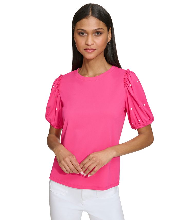 KARL LAGERFELD PARIS Women's Embellished-Sleeve T-Shirt - Macy's