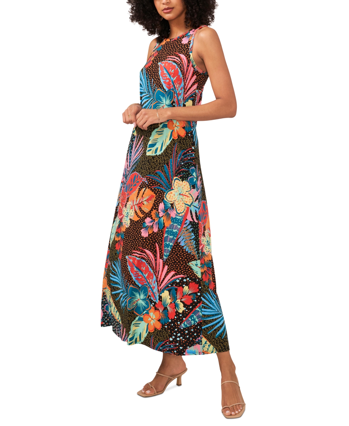 VINCE CAMUTO WOMEN'S PRINTED CREWNECK BACK KEYHOLE SLEEVELESS DRESS 