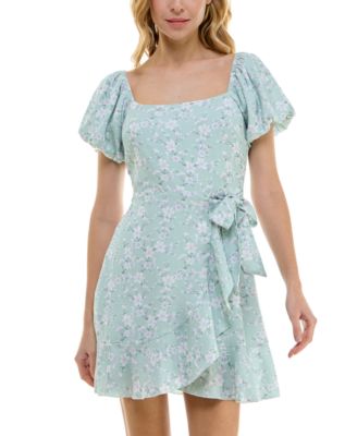 Trixxi - Juniors' Floral-Print Puff-Sleeve Faux-Wrap Dress