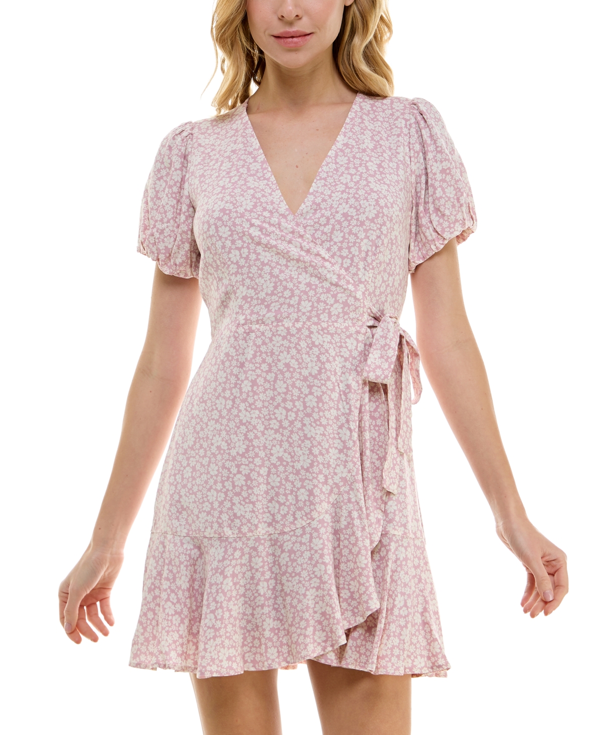 Juniors' Floral-Print Puff-Sleeve Faux-Wrap Dress - Pink Floral