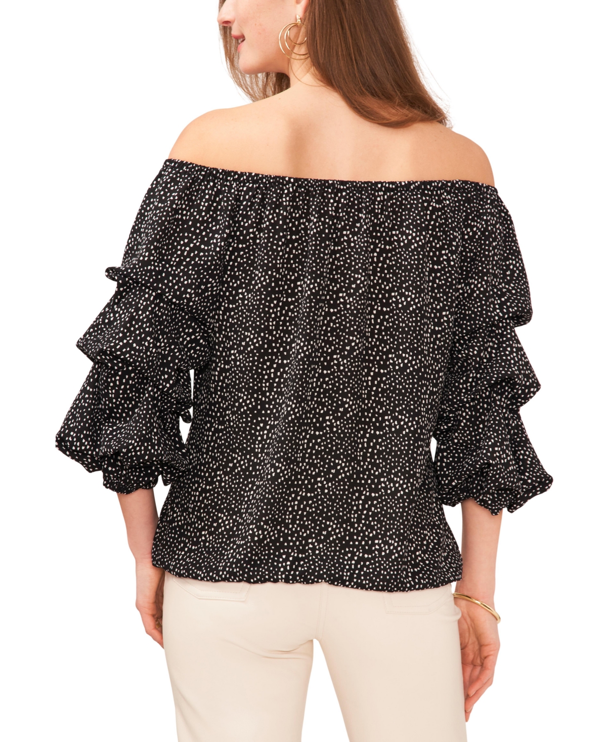 Shop Vince Camuto Women's Printed Off The Shoulder Bubble Sleeve Tie Front Blouse In Rich Black