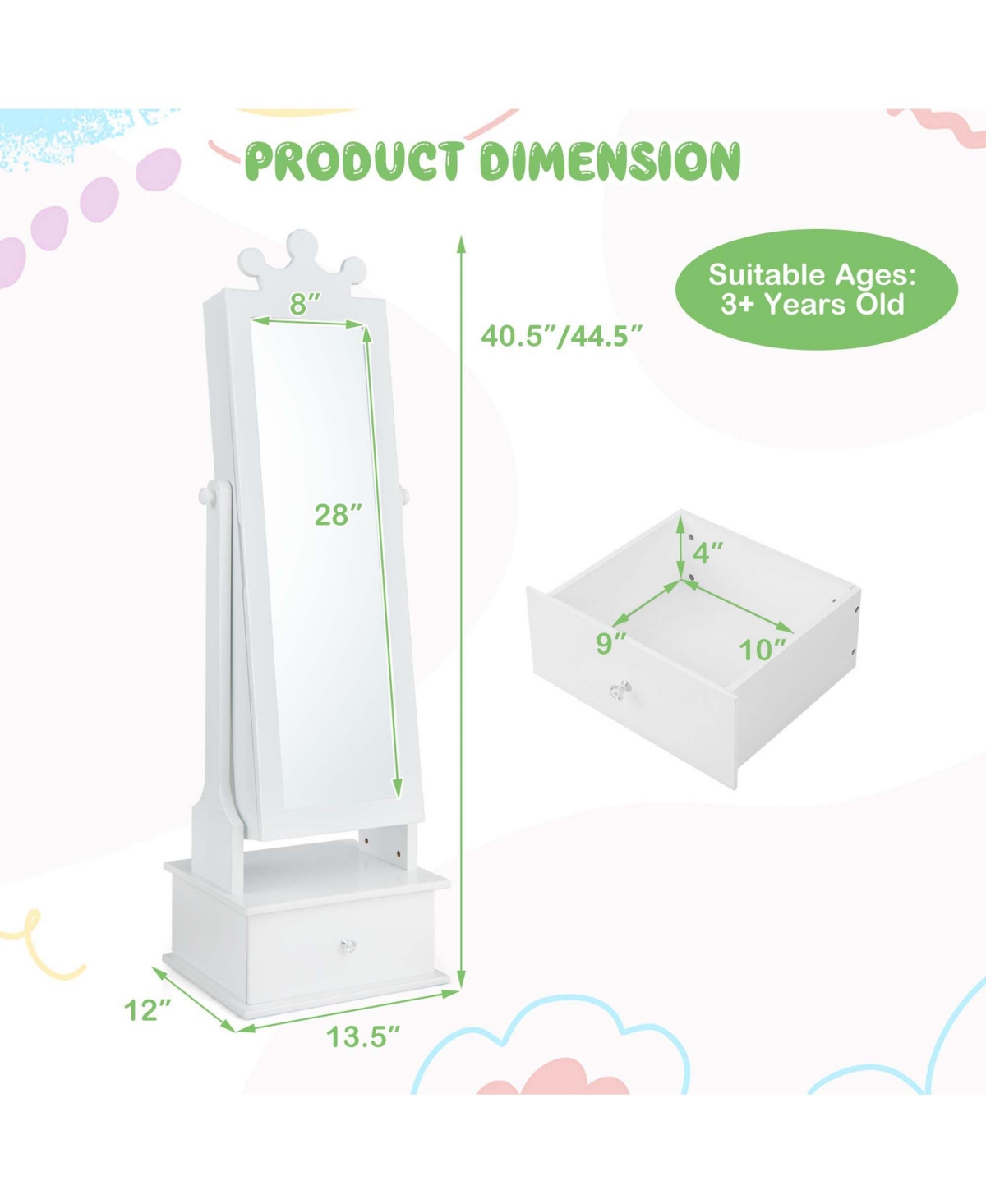 Kid Freestanding Jewelry Armoire 2-in-1 Full Length Mirror Storage Drawer