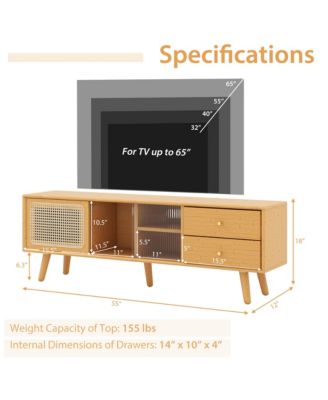 Bamboo TV Stand Console Table with PE Rattan Door & 2 Drawers for TV up to 65''