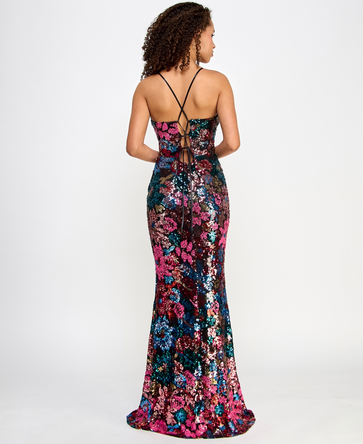 Crystal Doll Juniors' V-neck Floral-sequin Lace-up-back Gown In Black Multi