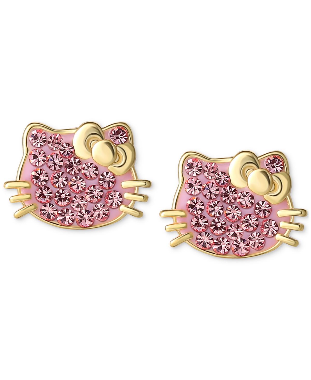 Macy's Hello Kitty Crystal Pave & Enamel Stud Earrings In 18k Gold-plated Sterling Silver In Gold Over Silver