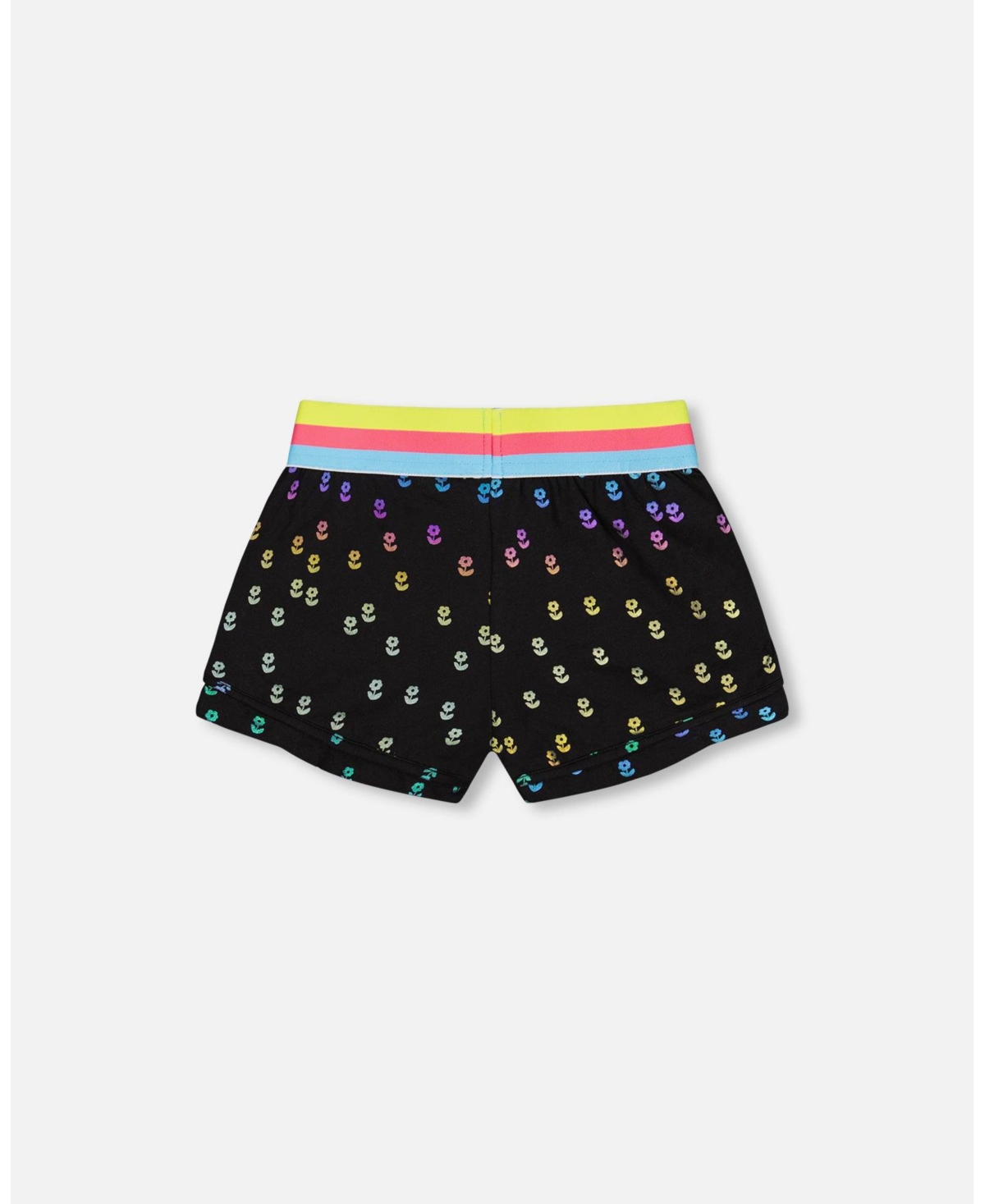 Girl Striped Waist Short Black With Colored Metallic Flower Print - Toddler Child - Black with colored metallic flower