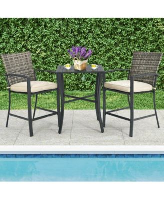 3 Pieces Rattan Bar Furniture Set with Slat Table and 2 Cushioned Stools