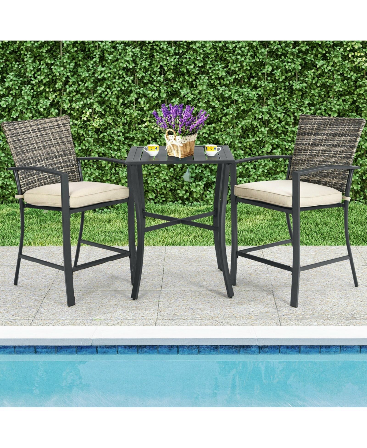 Slickblue 3 Pieces Rattan Bar Furniture Set with Slat Table and 2 Cushioned Stools