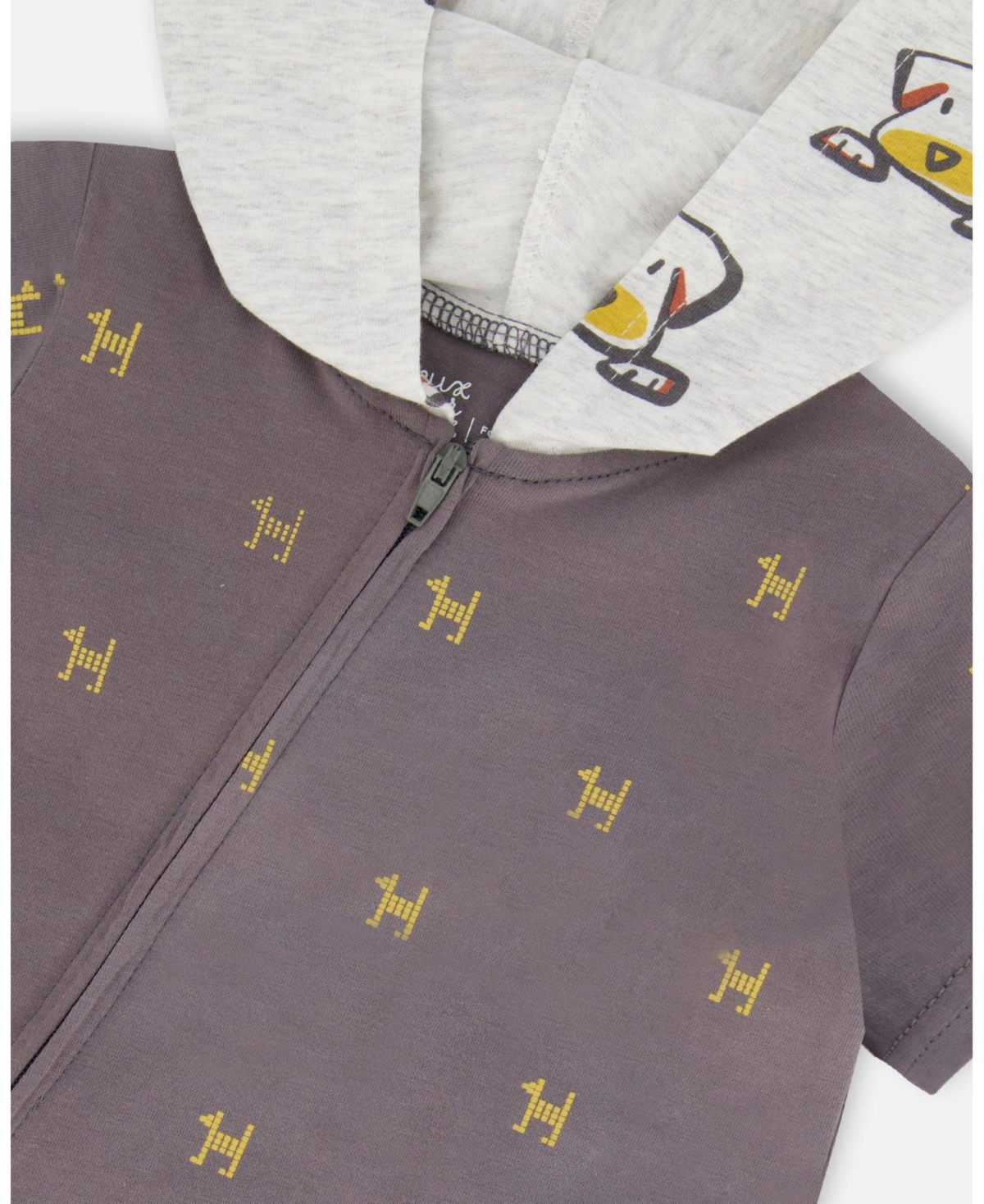 Deux par Deux Baby Boys Baby ganic Cotton Hooded Romper Dark Grey With Printed Pixel Dog - Dark grey with printed pixel dog
