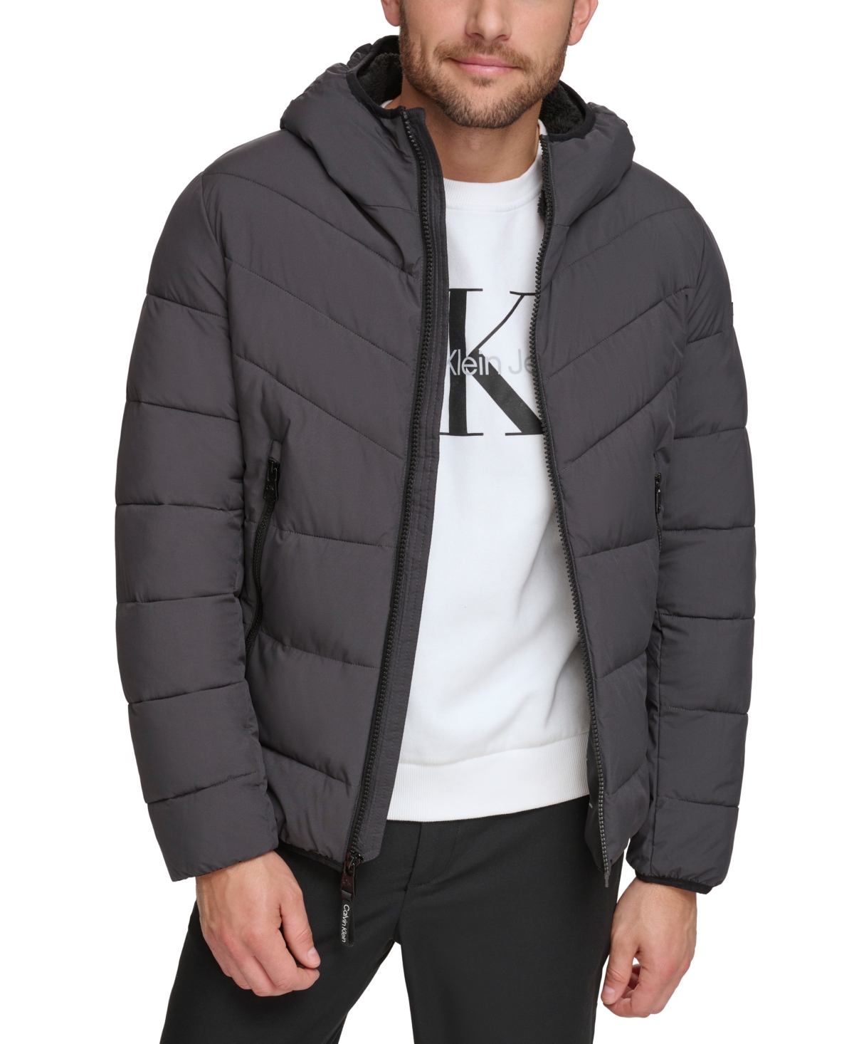 Calvin Klein Men's Chevron Stretch Jacket With Sherpa Lined Hood In Iron