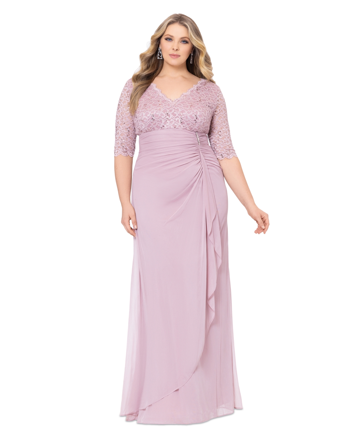B&A by Betsy & Adam Plus Size V-Neck Gown - Navy