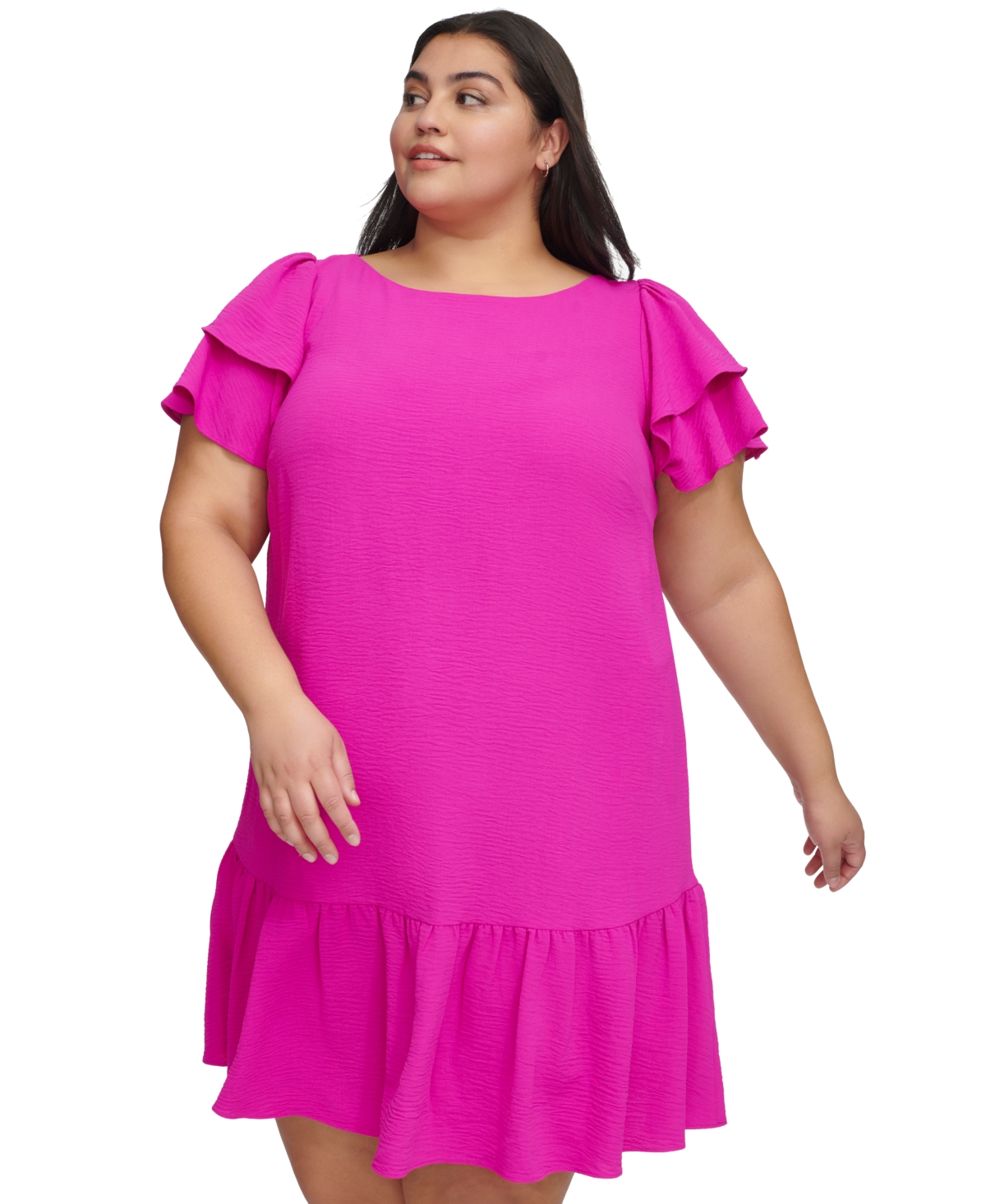 Shop Dkny Plus Size Ruffle Flutter-sleeve Boat-neck Dress In Power Pink