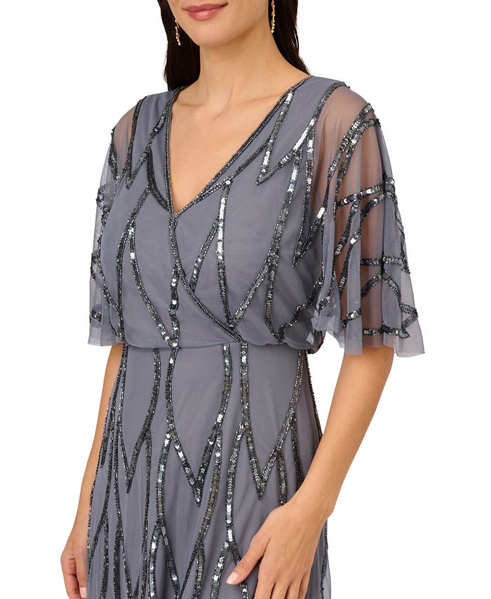 Adrianna Papell Women's Beaded Flutter Sleeve Dress Brown Size 4