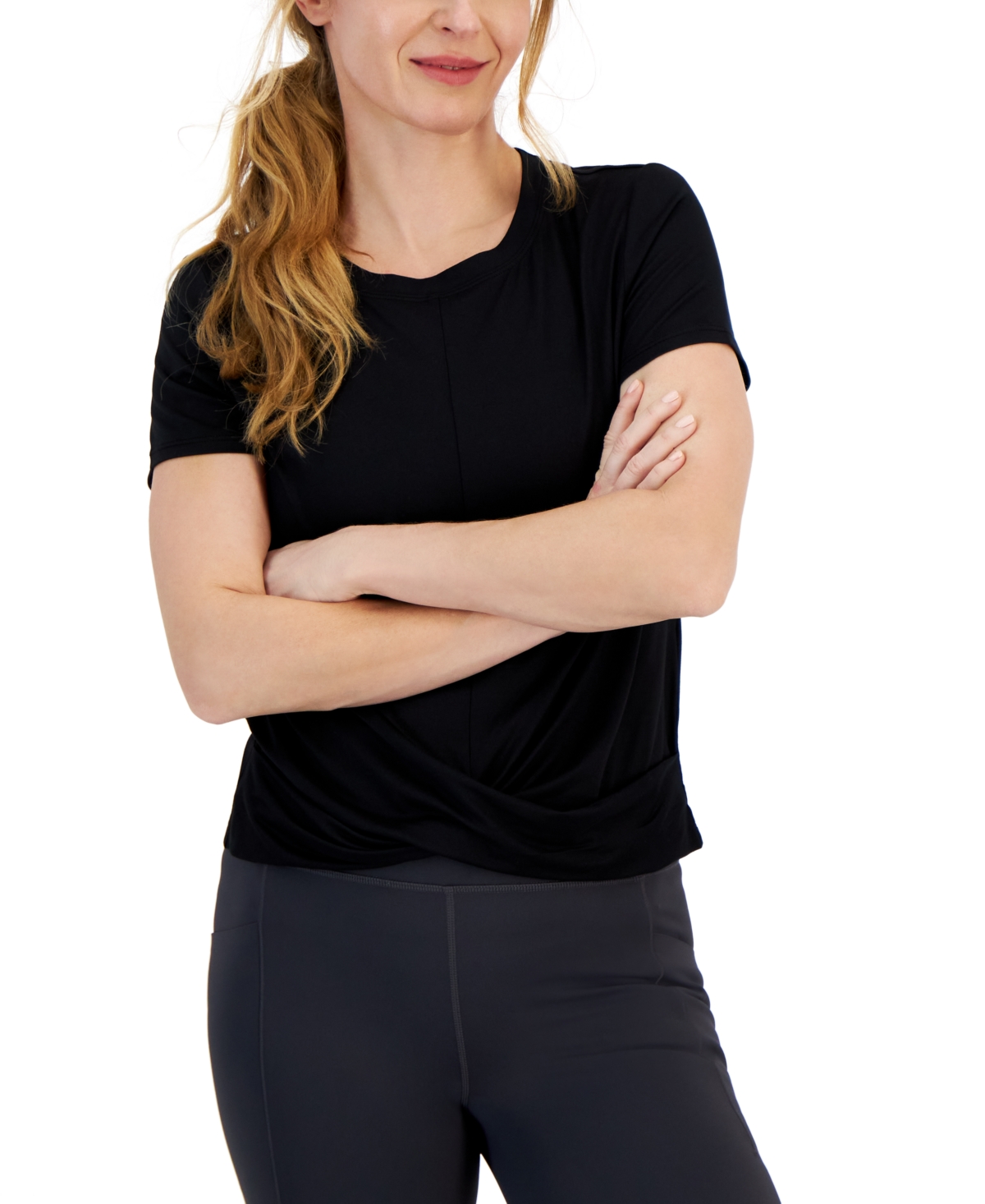Women's Twist-Front Performance T-Shirt, Created for Macy's - Deep Black