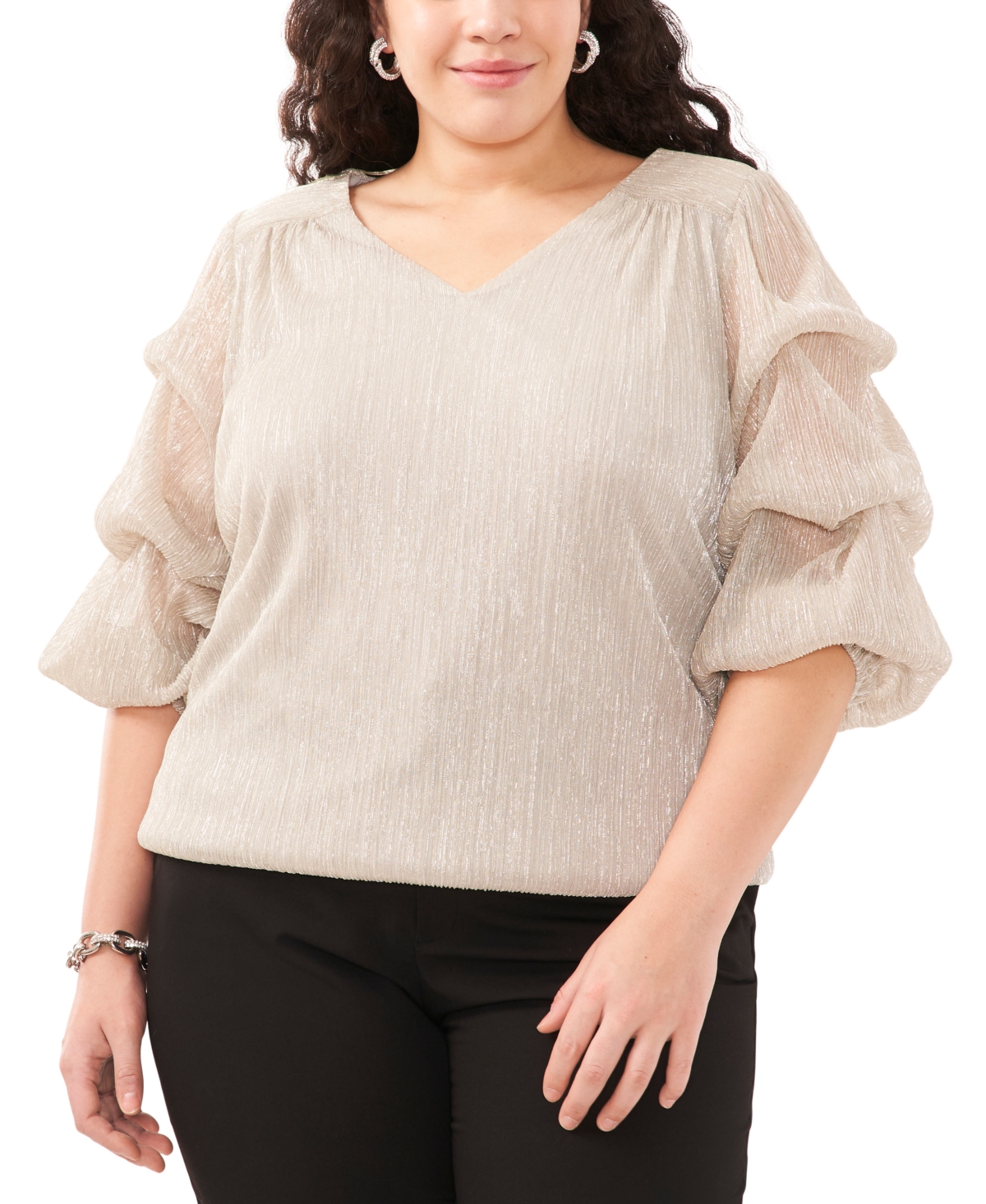 Plus Size Metallic Tiered-Sleeve V-Neck Top - Silver/Gold