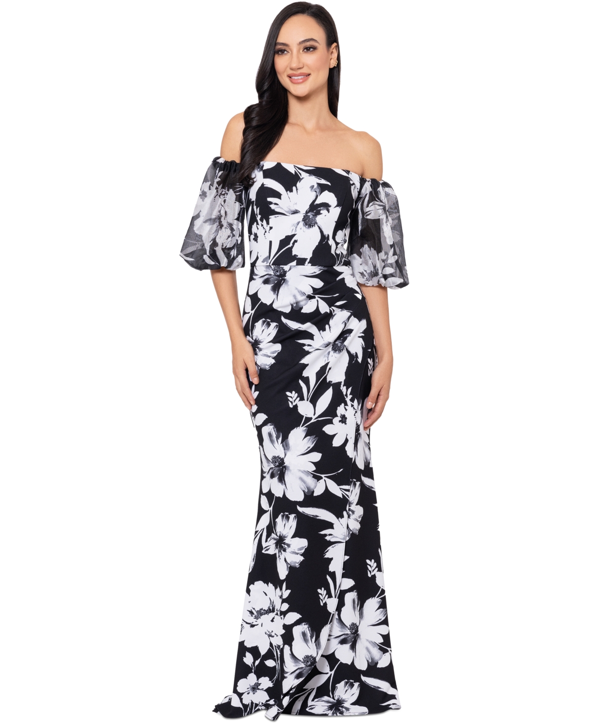 Women's Floral-Print Off-The-Shoulder Gown - Black/White