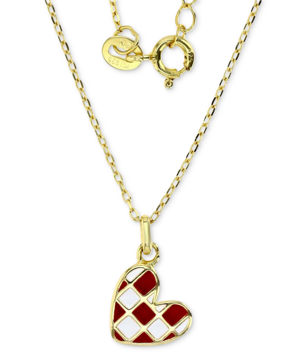 Shop Macy's Enamel Heart Checkerboard Pattern Pendant Necklace In 14k Gold-plated Sterling Silver, 13" + 2" Exte In Red
