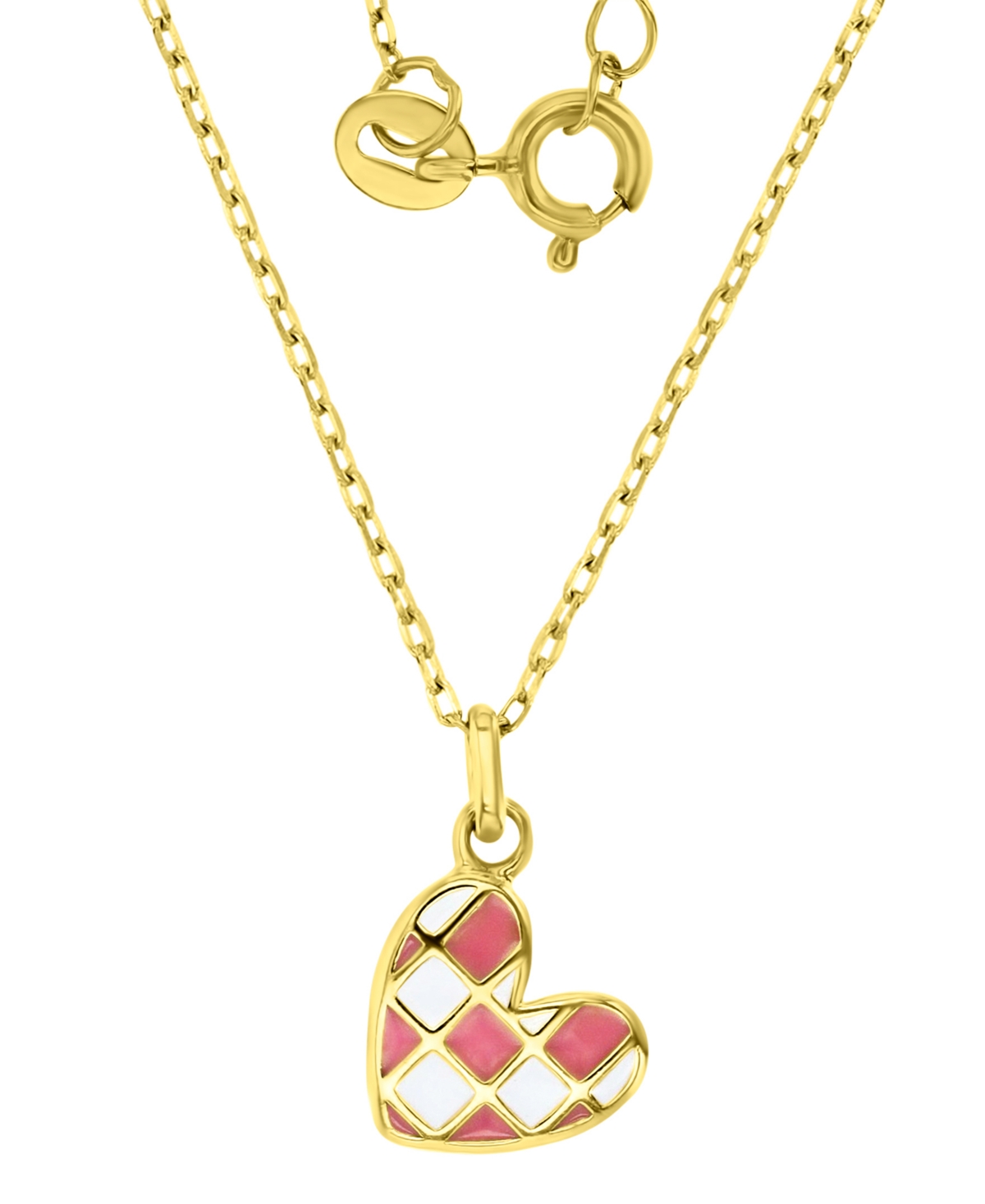 Shop Macy's Enamel Heart Checkerboard Pattern Pendant Necklace In 14k Gold-plated Sterling Silver, 13" + 2" Exte In Pink