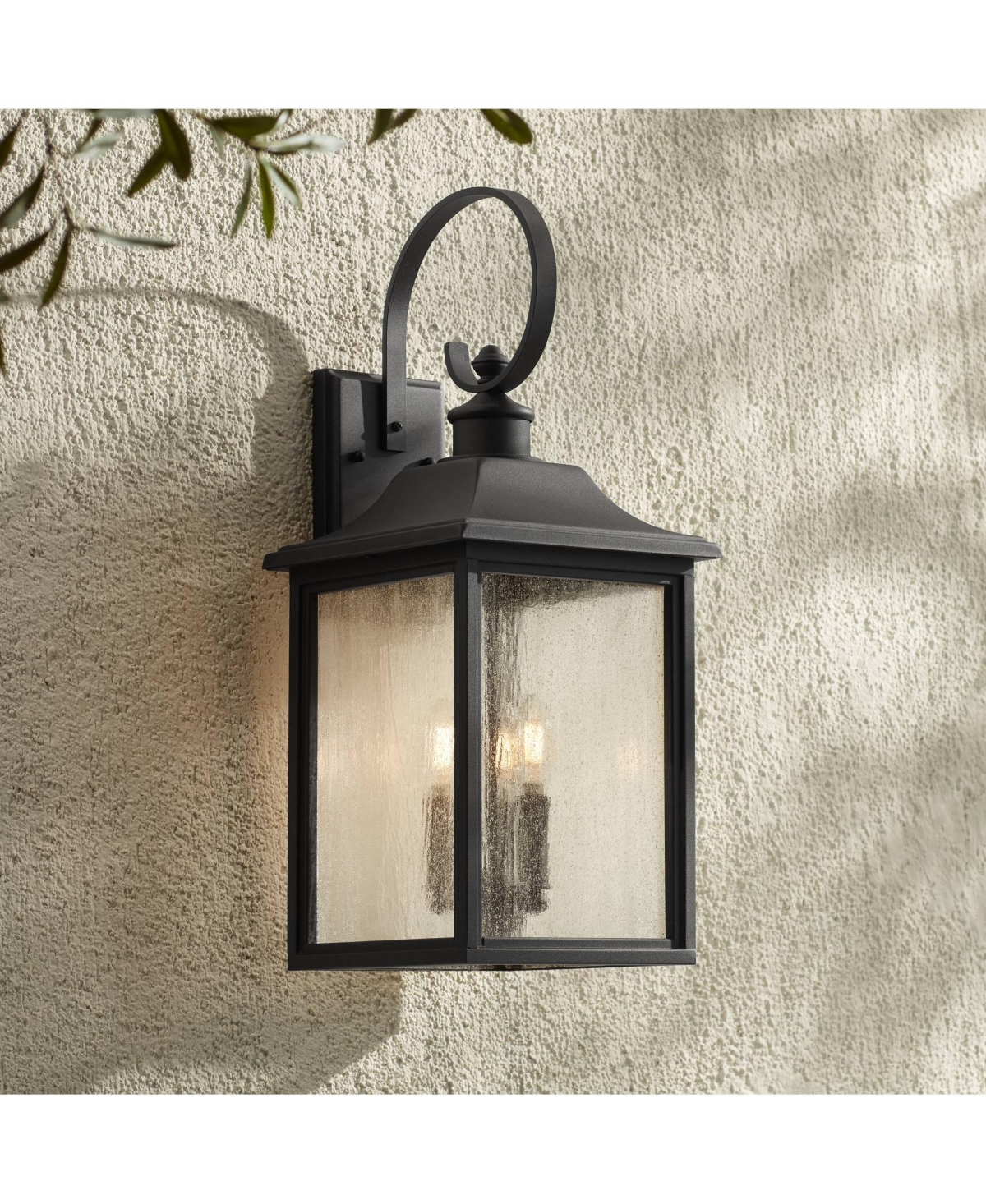Moray Bay Industrial Outdoor Wall Light Fixture Black Metal 24" Clear Seedy Glass Lantern Scroll Arm for Exterior House Porch Patio Outside Deck Garag