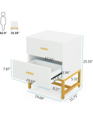 2-Drawer Nightstand, White Gold Night Stands Bed Side Table with Storage Large, Wood Metal Nightstands Bedroom Organizer, Striped