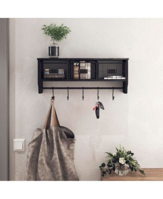 Rustic Coat Rack Wall Mounted Shelf With Hooks & Baskets, Entryway Organizer Wall Shelf With 5 Coat Hooks And Cubbies