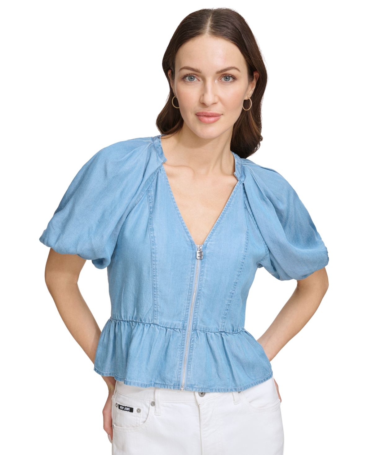 Shop Dkny Women's Zip-front Puff-sleeve Blouse In Glacier