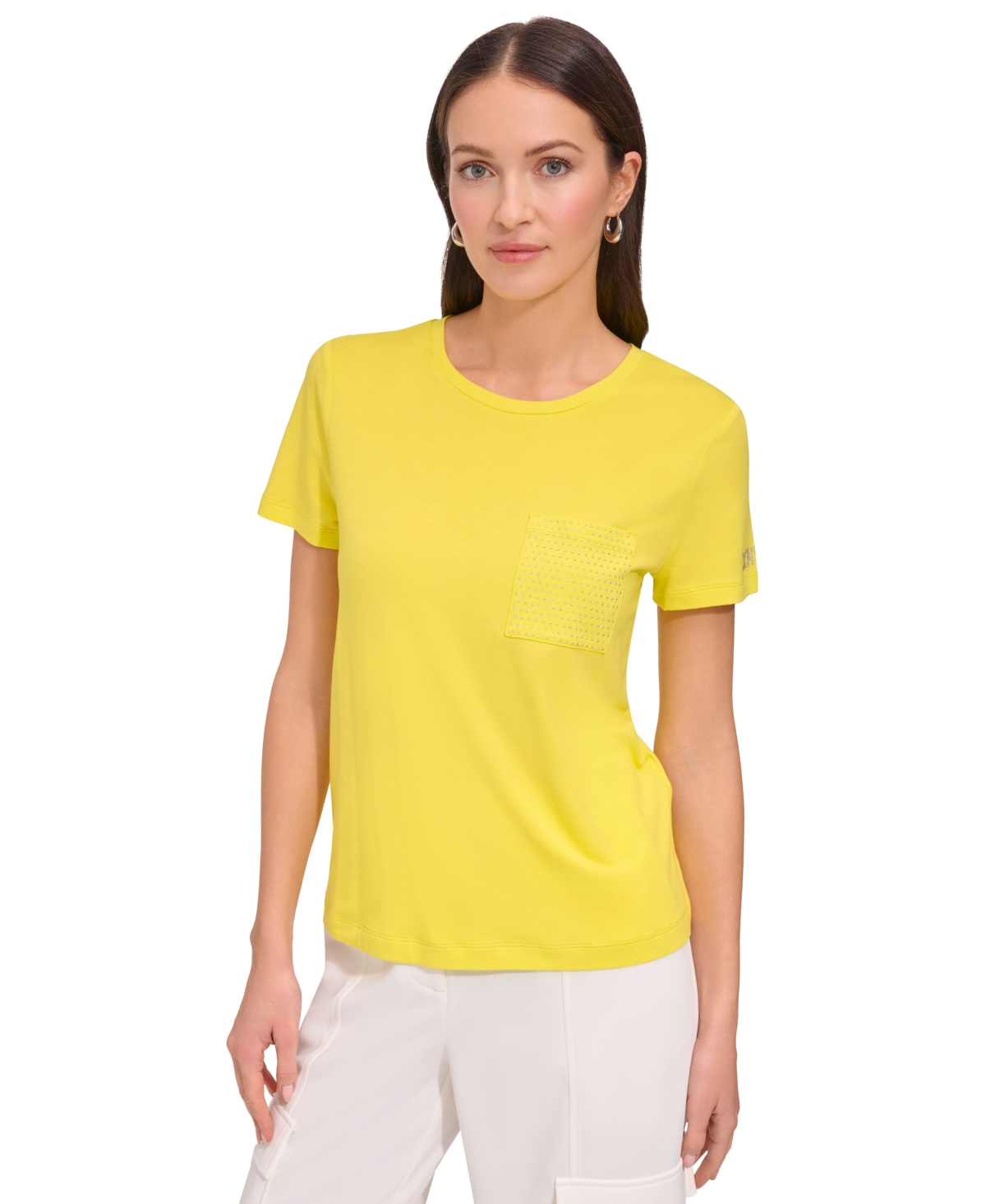 Shop Dkny Women's Studded Pocket Short-sleeve Shirt In Fluoro Yellow