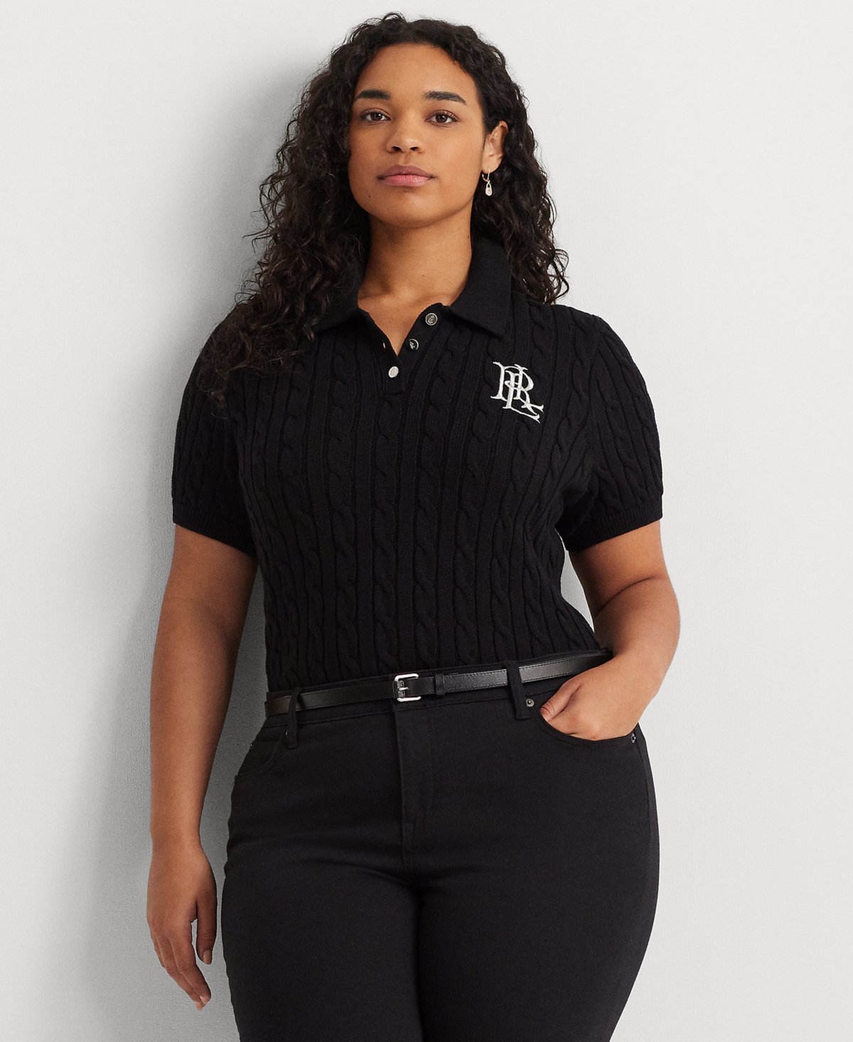 Lauren Ralph Lauren Plus Size Cable-knit Polo Shirt In Black