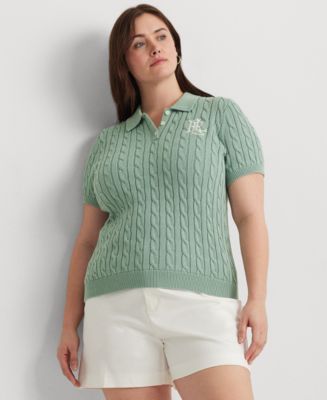 Ralph Lauren Women's Cable-Knit Cotton Polo Sweater - Size 2x in Soft Laurel