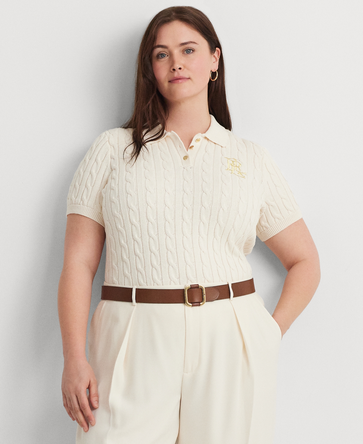 Ralph Lauren Plus Size Cable-knit Polo Shirt In Mascarpone Cream