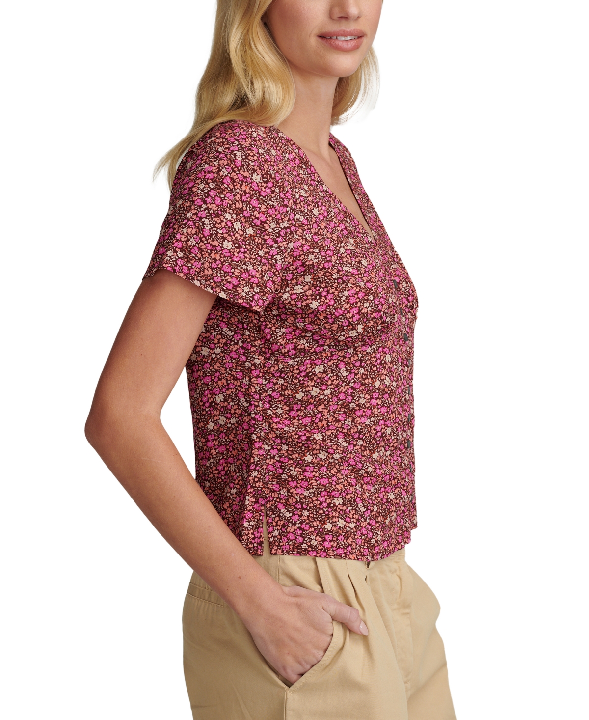 Shop Lucky Brand Women's Floral-print Short-sleeve V-neck Blouse In Rum Raisin