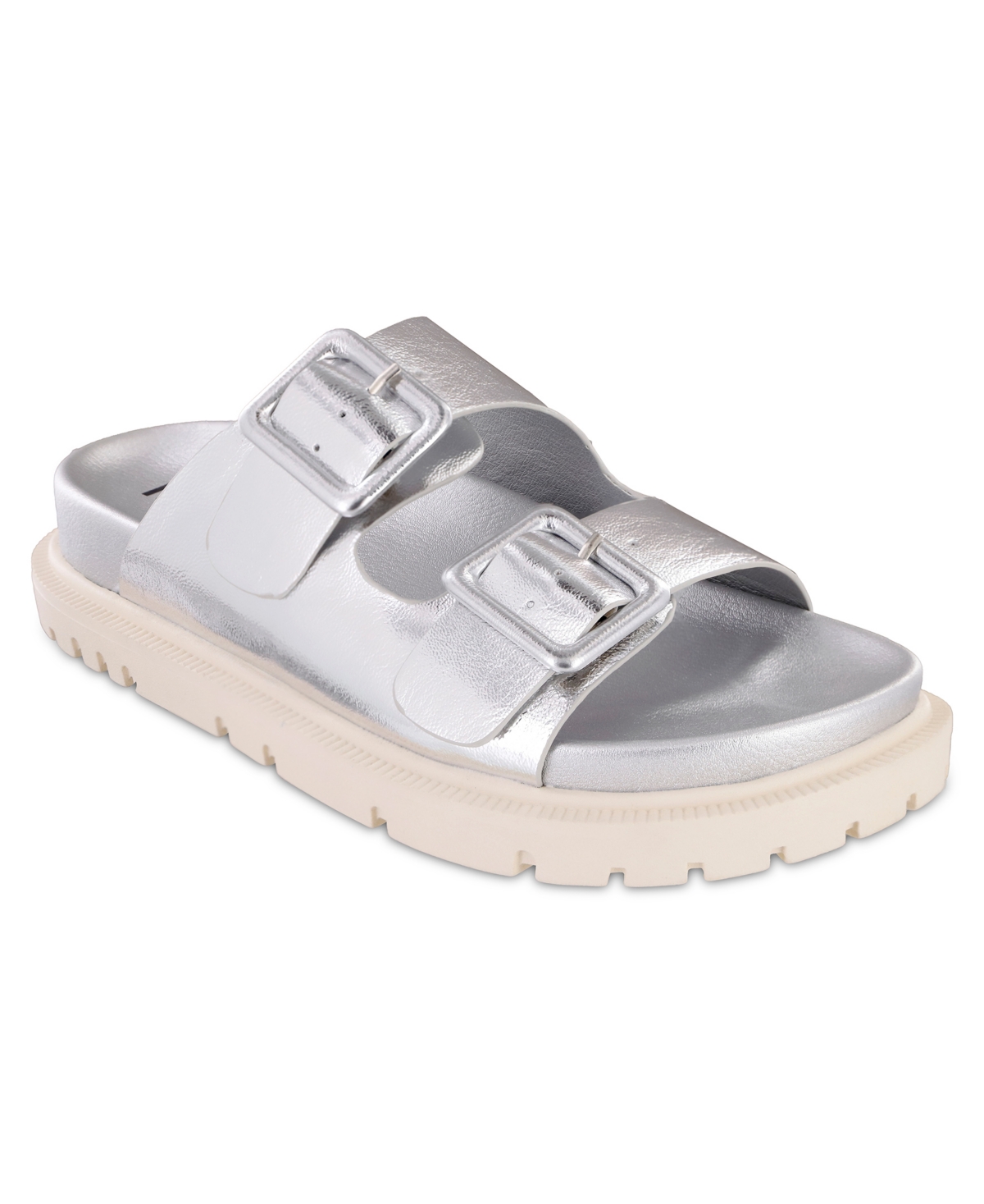 Shop Mia Women's Gen Double Buckle Flat Slide Sandals In Silver