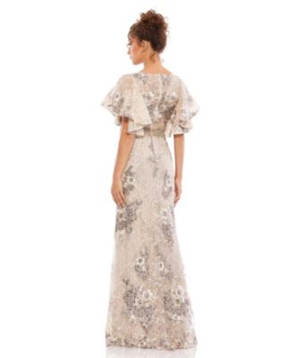 Women's Bell Sleeve Floral Embellished Gown