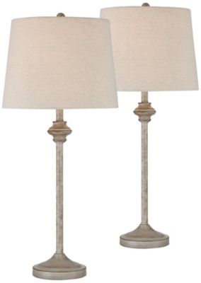 Lynn Country Cottage Buffet Table Lamps 26 3/4" High Set of 2 Beige Wood Oatmeal Drum Shade for Bedroom Living Room Bedside Nightstand