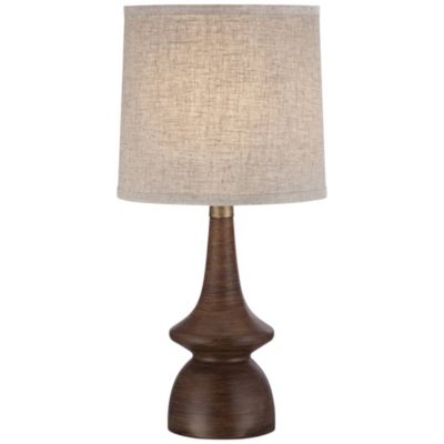 Mid Century Modern Table Lamp 24" High Walnut Faux Wood Brown Off White Linen Drum Shade for Bedroom Living Room House Bedside Office