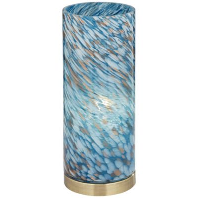 Modern Coastal Accent Table Lamp 13 1/2" High Brass Blue Art Glass Cylinder Shade for Bedroom Living Room Nightstand